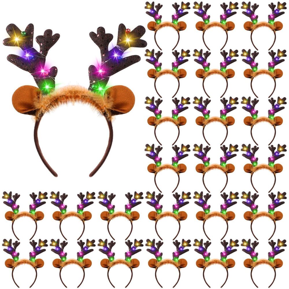 3709 24 Pcs LED Christmas Reindeer Headbands Cute Antler Light up Headwear
